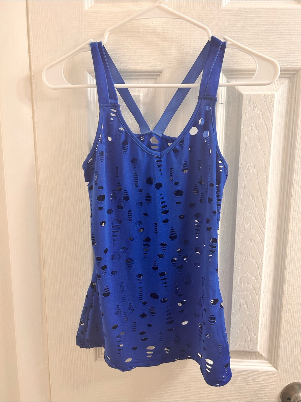 Blue Laser-Cut Strappy Tank Top